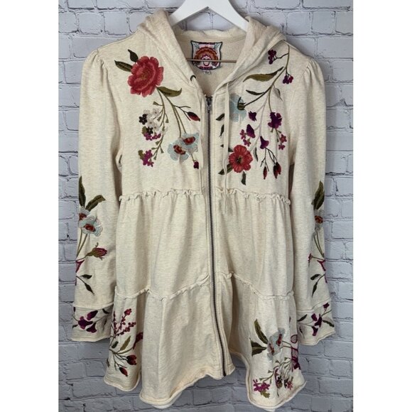 Johnny Was Jackets & Blazers - JOHNNY WAS Women’s Flore Tiered Embroidered Cotton Hoodie Boho Oatmeal Medium